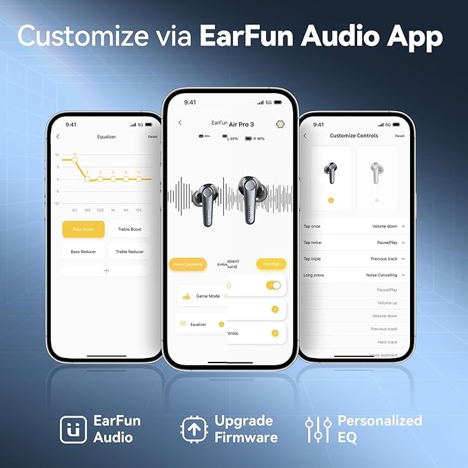 EarFun Air Pro 3 Noise Cancelling Earbuds, Qualcomm® aptX™ Adaptive Sound, 6 Mics CVC 8.0 ENC, Bluetooth 5.3 Earbuds, Multipoint Connection, 45H Playtime, App Customize EQ, Wireless Charging-StrideForce Fitness