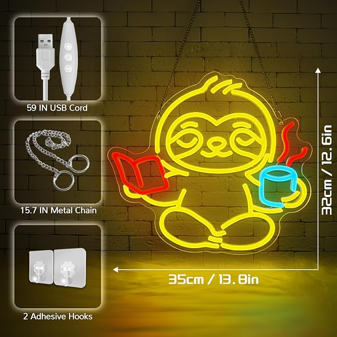 Sloth Neon Sign,Classroom Neon SIign,Neon Sign for Classroom,LED Light Up Reading Coffee Sign for Bedroom,Living Room,Home Office,Kids Room,Cute Animal Neon Wall Art for Book Lovers-StrideForce Fitness