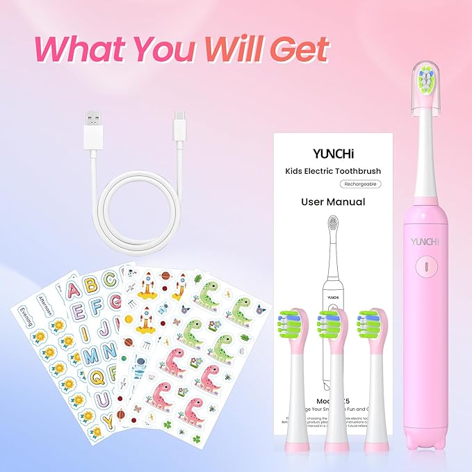 YUNCHI K5 Kids Electric Toothbrush Rechargeable with Waterproof Stickers, 3 Modes with 2 Minutes Timer, Toddler Children Sonic Toothbrush for Girls Ages 3-12, 4 Replacement Heads Soft Bristles, Pink
