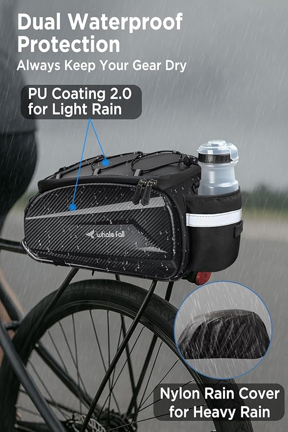 whale fall 10L Bike Rack Bag – Hard-Shell Waterproof Rear Trunk Pannier with Rain Cover, 4-Side Reflective Panels, Bike Accessories for Commuter, Road, Mountain, E-Bike-StrideForce Fitness