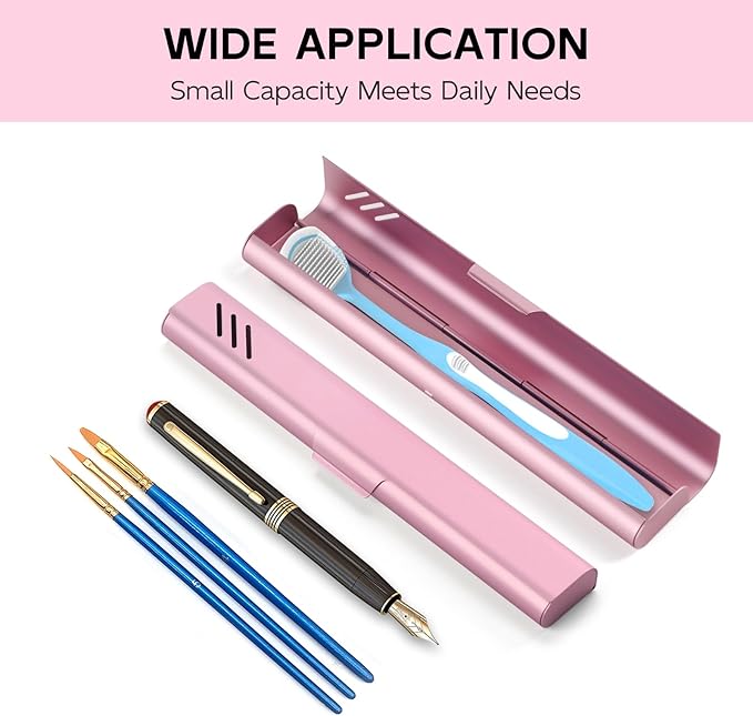 Travel Toothbrush Case, 2Pack Portable Toothbrush Holders, Durable Aluminum Toothbrush Storage Box, Small Breathable Manual Toothbrush Container for Traveling, Camping, Business Trip - Pink