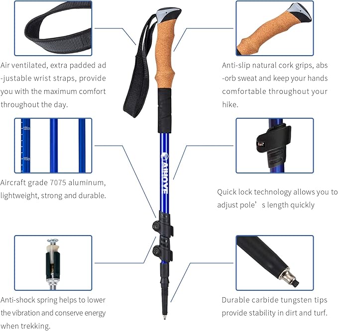 Aihoye Trekking Hiking Poles - 2 Pack Adjustable Walking Sticks, Collapsible Lightweight Aluminum 7075, Hiking Sticks with Quick Flip-Lock and Comfortable Cork Grips-StrideForce Fitness