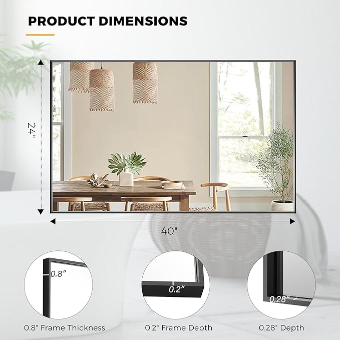 24x40 Inch Black Bathroom Mirror for Wall, Aluminum Frame Rectangle Rectangular Vanity Mirror, Modern Large for Bedroom, Living Room, Horizontal or Vertical-StrideForce Fitness