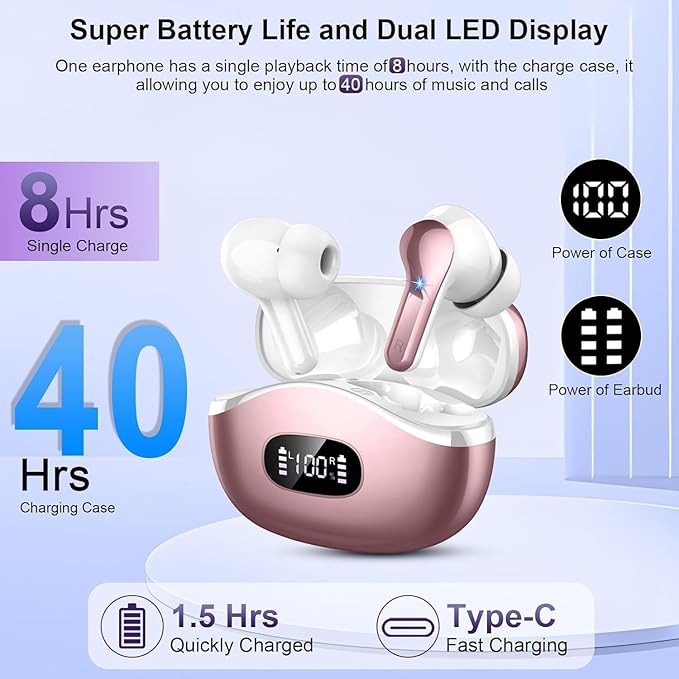 Wireless Earbuds, Bluetooth Headphones 5.3 HiFi Stereo Ear buds with ENC Noise Cancelling Mics, 40H Bluetooth Earbuds with LED Display Charging Case, IP7 Waterproof Earphones for Android iOS, Rosegold-StrideForce Fitness