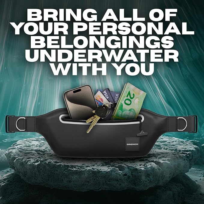 DRENCH 100% Underwater Waterproof Fanny Pack. Waist Pack. Submersible Waterproof Phone Pouch. Dry Bag for Swimming & Snorkelling. Underwater Phone case. (black with 2 rings)-StrideForce Fitness