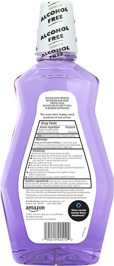 Amazon Basics Anticavity Fluoride Mouthwash, Alcohol Free, Violet Mint, 1 Liter, 33.8 Fluid Ounces, 4-Pack (Previously Solimo)