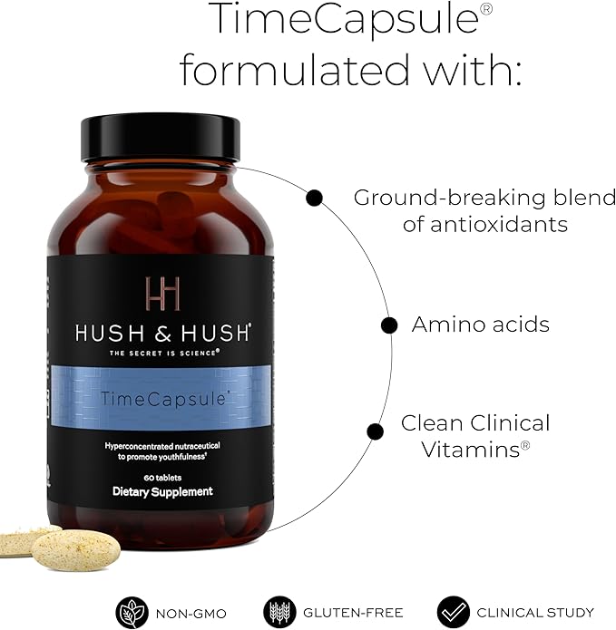Hush & Hush TimeCapsule Multivitamin, Women's Multivitamin, Men's Multivitamin, Clean Nutraceuticals Supplements That Contains Hyaluronic Acid, Vitamin C, Zinc, Vitamin B12, Vitamin E - 60 Tablets-StrideForce Fitness