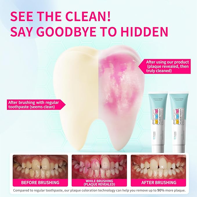 Plaque Disclosing Toothpaste for Kids & Adults, Strawberry Flavor with Fluoride, Fun Oral Health Learning Tool for Ages 3+, See & Clean Plaque in One Step, 2.1 oz