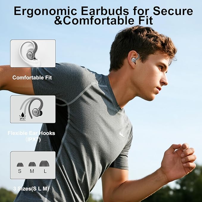 Wireless Earbuds Bluetooth 5.3 Headphones Sports, 48Hrs Playtime Bluetooth Earbuds with CVC 8.0 Mic, Stereo Bass Over Ear Bud with Earhooks, LED Display, IP7 Waterproof Earphon for Running Gray-StrideForce Fitness