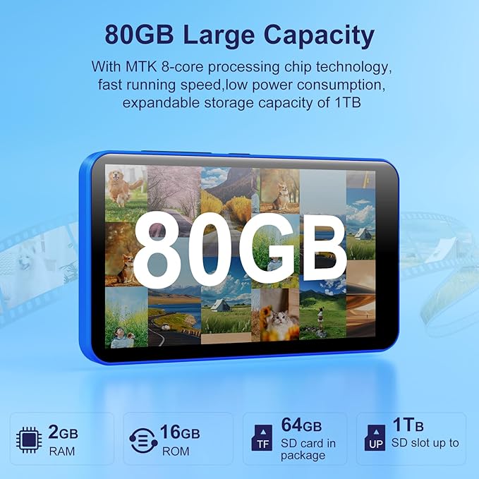 80GB MP3 Player with Bluetooth WiFi, 4" MP3 Players with Spotify, 2000mAh MP4 Player with Touch Screen, Android Music Player with Spotify Kids, Audible, Amazon Music, Play Store-StrideForce Fitness