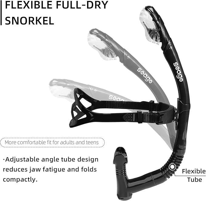 Seago Swim Snorkel for Lap Swimming, Dry Top Front Swimmer Snorkel for Adult Youth, Snorkel Gear Swimming Training Equipment in Pool and Open Water with Comfy Head Pads Food-Grade Silicone Mouthpiece-StrideForce Fitness