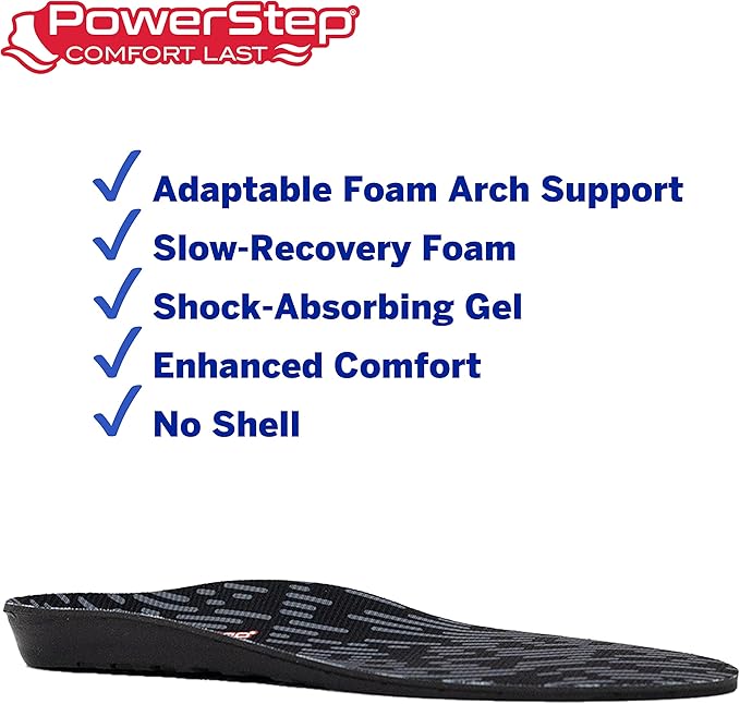 PowerStep Comfort Last Insoles, Cushioning Gel Insoles for Standing All Day, Supports Metatarsal Pain, Foot Arch, Heel Pain, All Day Comfort, Made in The USA (Men's 5-6.5 / Women's 7-8.5)-StrideForce Fitness