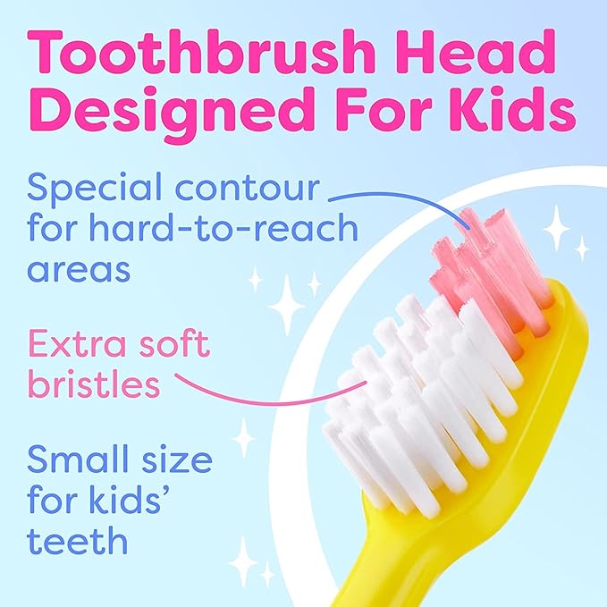 Trueocity Kids Toothbrush 6 Pack - Soft Contoured Bristles - Child Sized Brush Heads (3-10 Year Old) - Suction Cup for Fun & Easy Storage - Girl & Boy Set (6-Pack, Multi-Color)