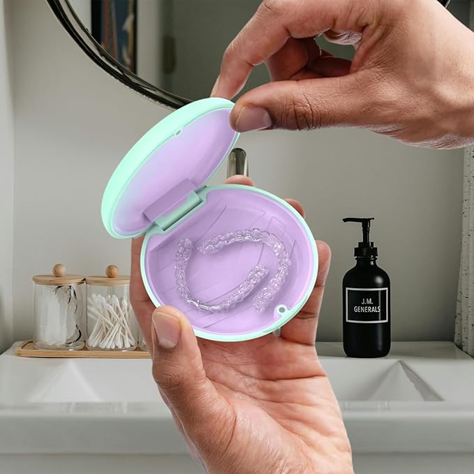 2 Retainer Case, Slim Aligner Cases for Invisalign, Mouthguard Case with Removal Tools& Aligners Chewies& Brush, Removable Inner Tray Silicone for Easy Cleaning (Green-2pcs)