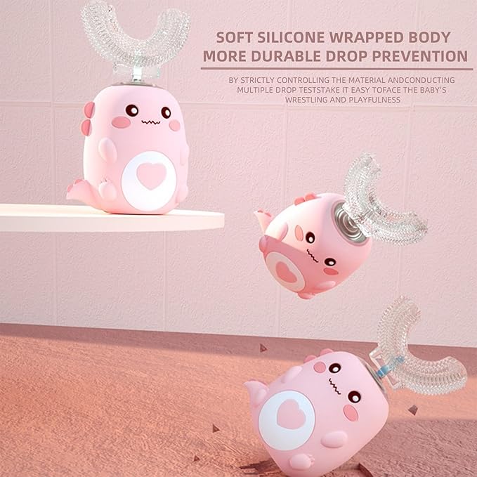 Kids U Shaped Electric Toothbrush with 4 Brush Heads, 360° Sonic Automatic Toothbrush with 3 Cleaning Modes, IPX7 Waterproof Cartoon Dinosaur Design (Ages 2-12)