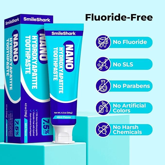 SmileShark Nano Hydroxyapatite Toothpaste (4.2 Oz), Fluoride Free Toothpaste with Mint Flavor, Remineralizing for Sensitive Teeth, Gentle and Effective Formula for Enamel Repair & Whitening