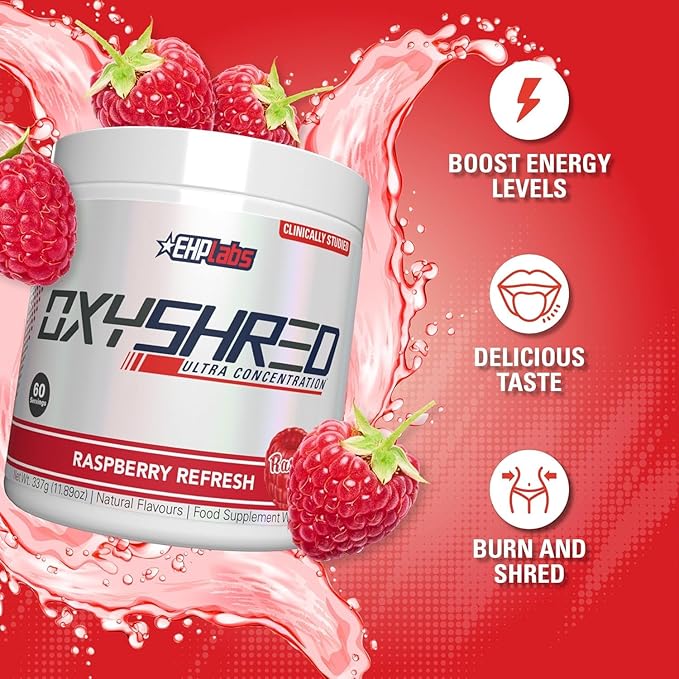 EHP Labs OxyShred Pre Workout Powder - Preworkout Powder with L Glutamine & Acetyl L Carnitine, Energy Boost Drink - Raspberry Refresh, 60 Servings-StrideForce Fitness