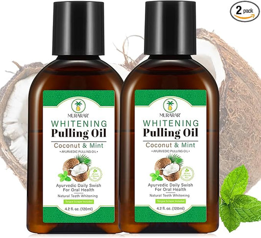 2 Pack Oil Pulling 4.2 Fl.Oz, Coconut Mint Oil Pulling Mouthwash for Fresh Breath with Tongue Scraper and Measuring Cup