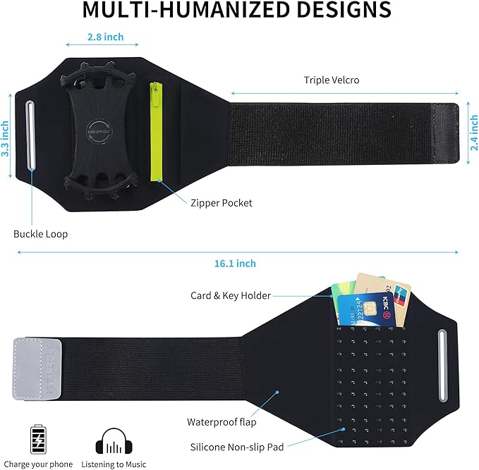 Detachable & 360° Rotatable Running Armband -with Reflective Strap Zipper Pocket & Earphone Bag for iPhone 16 15 14 Pro Max Plus Samsung Galaxy – Workout Exercise Phone Holder with Card Key Slot-StrideForce Fitness