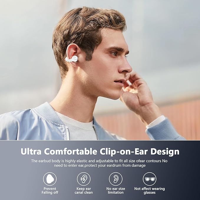 Open Ear Bone Conduction Headphones Bluetooth 5.3 Clip On Earbuds with Digital Display Charging Case 60 Hours Playtime Sport Earphones Built-in Mic IPX7 Waterproof for Running Fitness White-StrideForce Fitness
