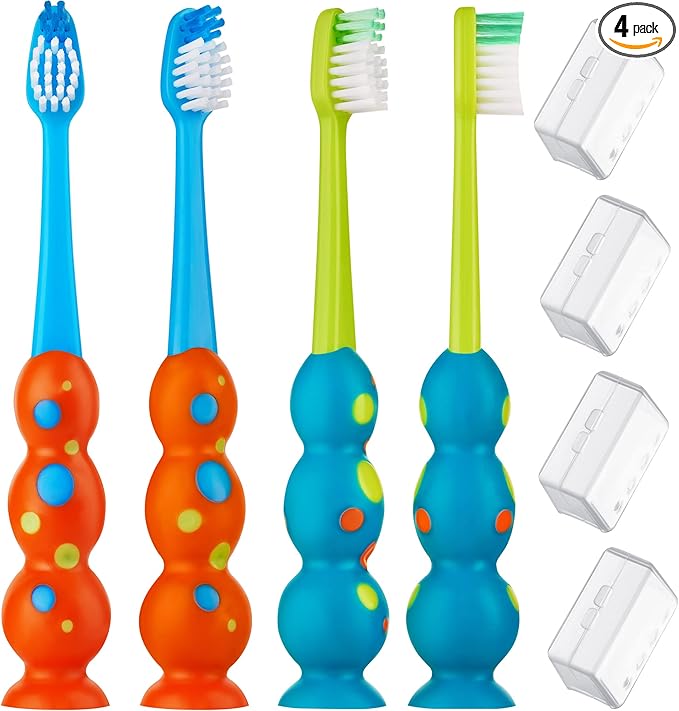 Trueocity Kids Toothbrush 4 Pack - Soft Contoured Bristles - Child Sized Brush Heads (3-10 Year Old) - Suction Cup for Fun & Easy Storage - Girl & Boy Set (Blue & Orange)
