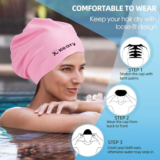 Keary Extra Large Swim Cap for Braids and Dreadlocks Extensions Weaves Long Hair, Waterproof Silicone Cover Ear Bath Pool Shower Swimming Cap for Adult Youth to Keep Hair Dry, Easy to Put On and Off-StrideForce Fitness