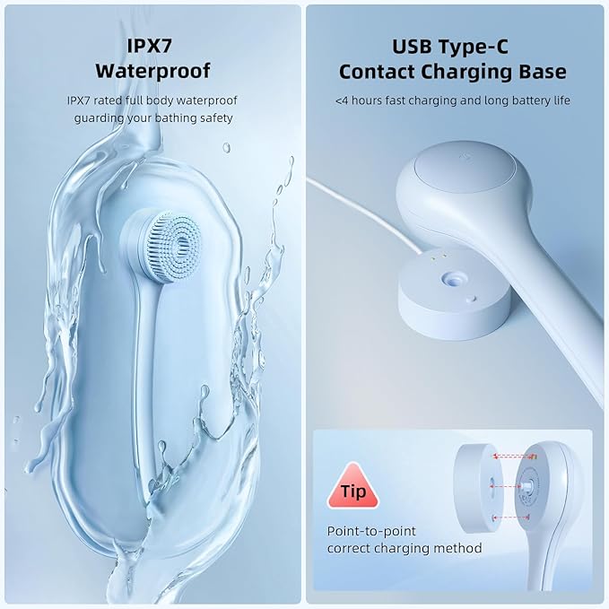 Electric Body Brush Back Scrubber for Shower, Waterproof Long Dual Handle Power Body Scrubber with 3 Heads, Rechargeable Bath Brush & 2 Speeds, for Cleansing, Exfoliating and Massaging Skin-StrideForce Fitness