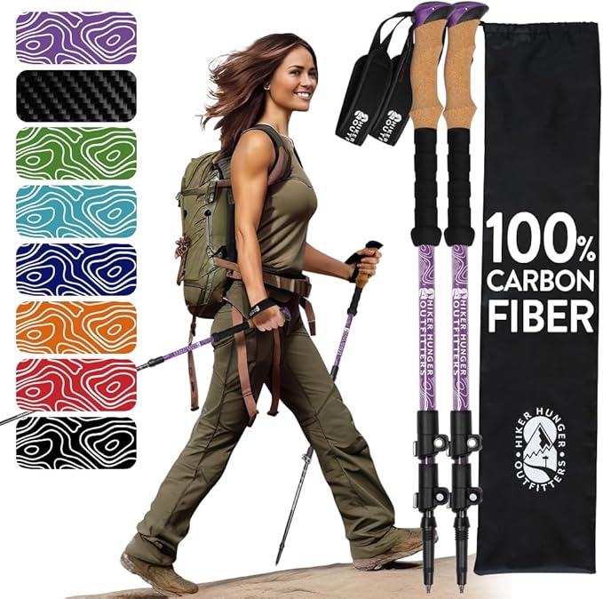100% Carbon Fiber Trekking Poles by USA Brand - Ultra Strong Lightweight Collapsible Hiking Poles with Cork and EVA Foam Grips & Quick Adjustable Flip Locks-StrideForce Fitness