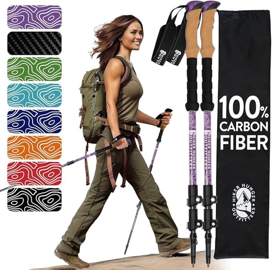 100% Carbon Fiber Trekking Poles by USA Brand - Ultra Strong Lightweight Collapsible Hiking Poles with Cork and EVA Foam Grips & Quick Adjustable Flip Locks-StrideForce Fitness