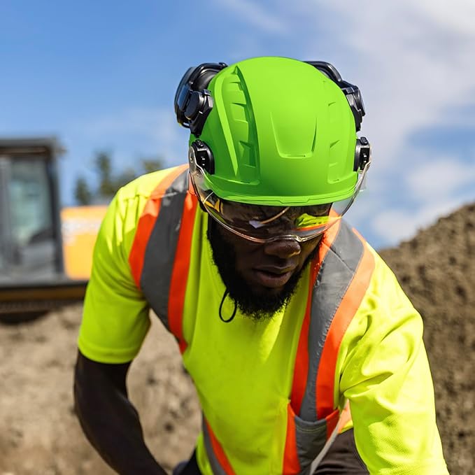 GE Safety Helmet, Impact Absorbing Tech, Adjustable Ratchet, ANSI Type 1, Memory Foam Padding, Hard Hats Protection, Lightweight, Durable, Chin Strap, Comfortable Fit OSHA Approved-StrideForce Fitness