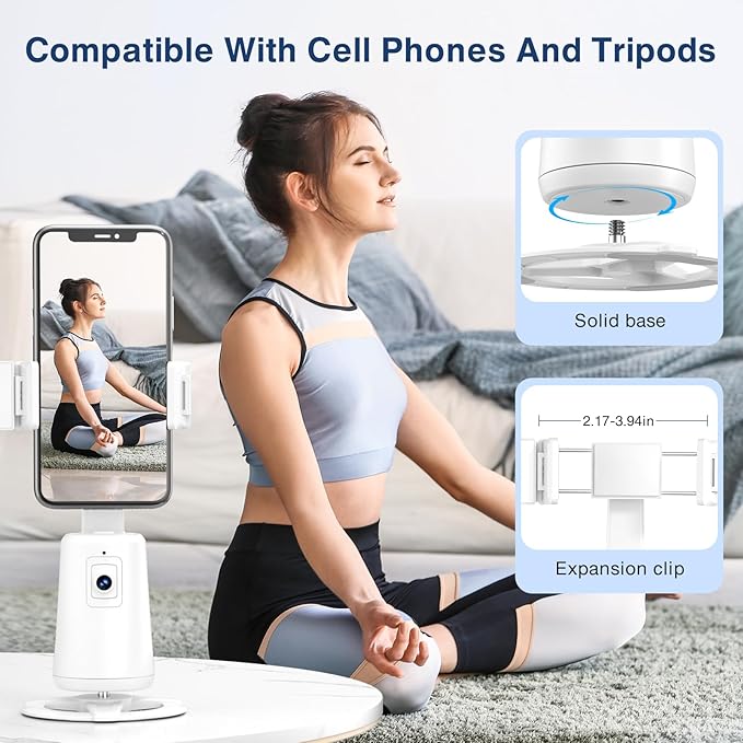 Auto Face Tracking Tripod 360° Rotating Cell Phone Photo and Video Kits Stand, No App, Camera Stand with Remote and Gesture Control, Rechargeable Smart Shooting Stand for Live Recording Tiktok (White)-StrideForce Fitness