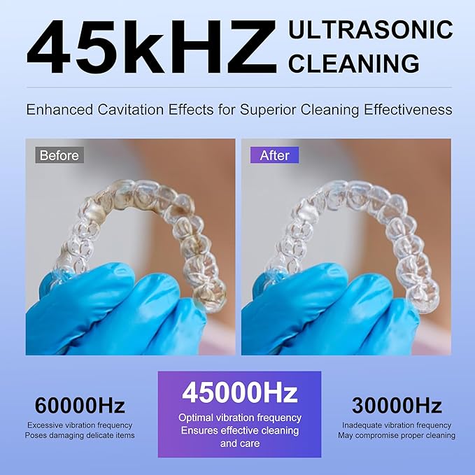 45kHz Ultrasonic Retainer Cleaner Machine, 200ML Denture Cleaner with 4 Cleaning Modes, Digital Timer, Mouth Guard Cleaner for Aligner, Toothbrush, Jewelry and Etc