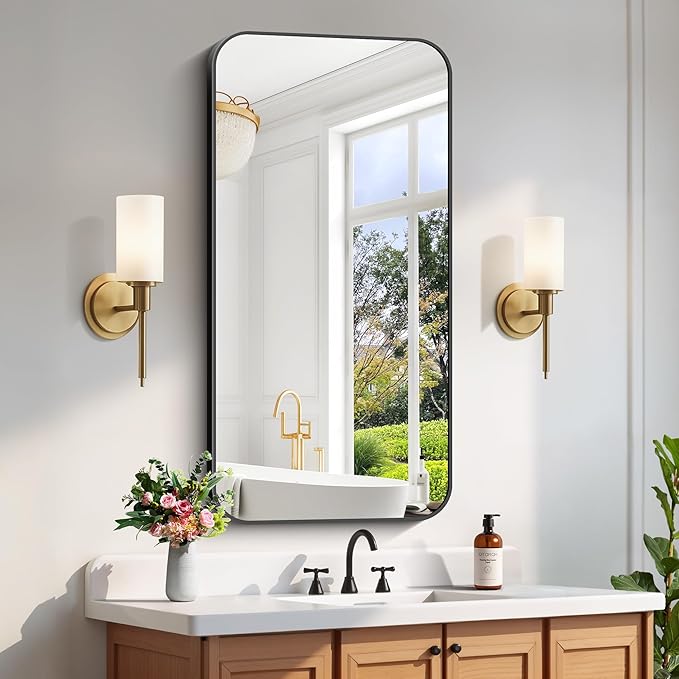 FORBATH Bathroom Mirror 48" x 24", Rectangle Black Narrow Bathroom Mirror with Black Aluminum Frame Rounded Corner, Wall Mounted Mirror for Bedroom Entryway Living Room-StrideForce Fitness