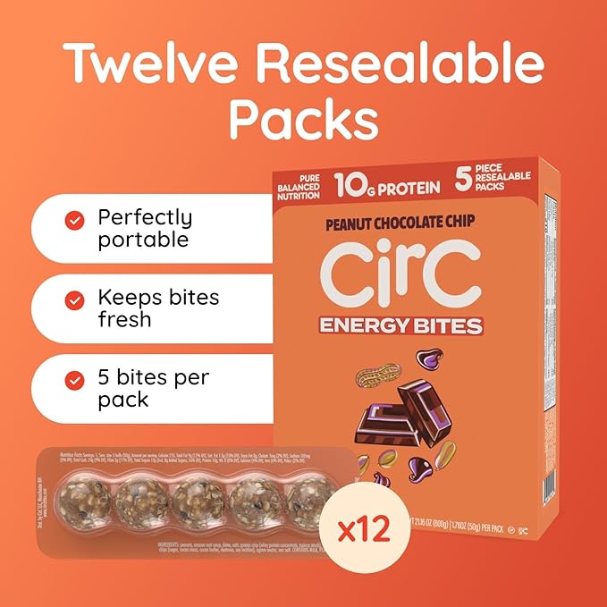 CirC Energy Bites - 12 Pack Peanut Chocolate Chip Gluten Free Protein Balls - 10g Protein, Whole Grains, Nuts & Fruit - Portable Healthy Snacks for Adults & Kids, 5 Piece Resealable Packs-StrideForce Fitness