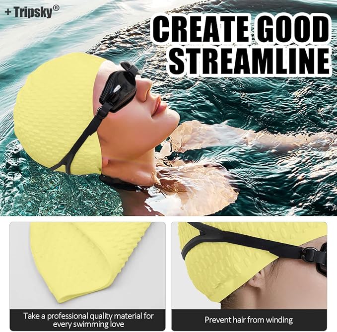 Tripsky Silicone Swim Cap,Comfortable Bathing Cap Ideal for Curly Short Medium Long Hair, Swimming Cap for Women and Men, Shower Caps Keep Hairstyle Unchanged…-StrideForce Fitness