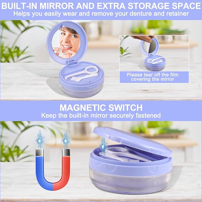 Denture Case, Leak Proof Denture Bath Case Cup Kit for Travel Cleaning, Denture Holder Box Bath Soaking Container for Women & Men with Mirror, Strainer, Removal Tool and Denture Brush(Blue)