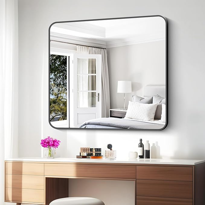 36x40 inch Bathroom Mirror,Black Rectangle Mirror,Wall Mounted Bathroom Frame Vanity Mirror with Round Corner for Bedroom Living Room,Entryway Hangs Horizontal or Vertical-StrideForce Fitness