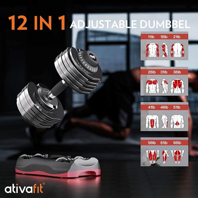 Ativafit 27.5/66/88LBS Pair Adjustable Dumbbell Set with Anti-slip Handle 12 In 1 Quick Dial Adjustment Weights With Safety Locking Button Space Saving Strength Training for Full Body Home Gym Workout-StrideForce Fitness