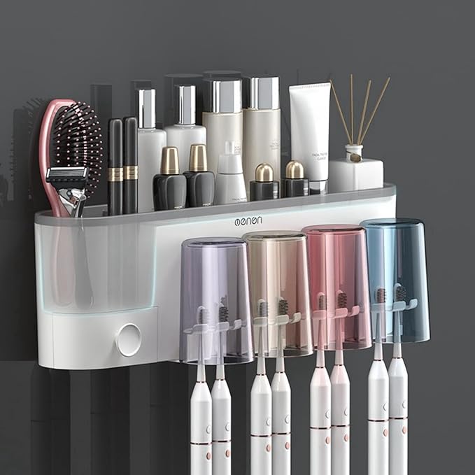 No-Drill Wall Mounted Toothbrush Holder, Bathroom Shelf, with 1 Automatic Toothpaste Dispenser 8 Brush Hooks Cups 1 Cosmetic Drawer Organizer and Large Storage (1 Dispenser + 4 Cups)