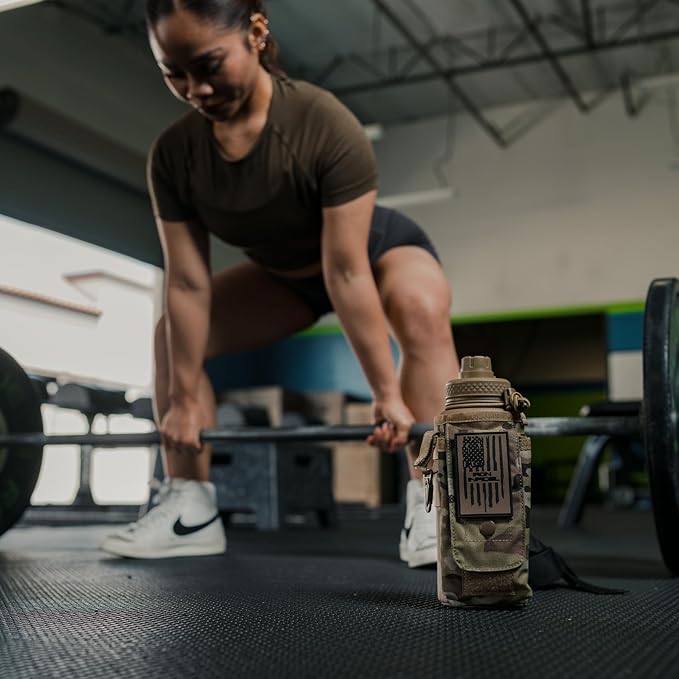 Iron Infidel Battle Bottle - 32 Oz Insulated Water Bottle with Straw Lid & Chug Cap, Stainless Steel Metal Tactical Flask With Rugged, Removable Sleeve for Keys & Phone or Wallet (OCP Camo 1 Liter)-StrideForce Fitness