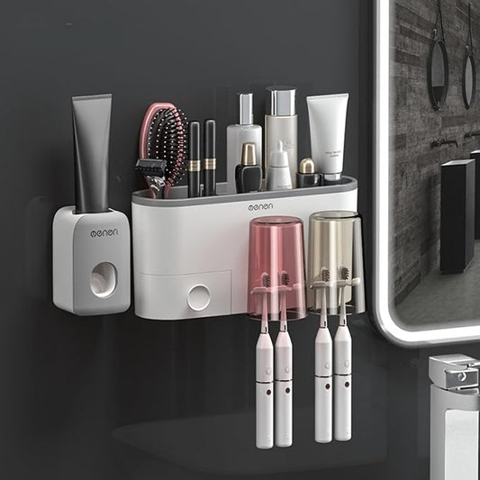 No-Drill Wall Mounted Toothbrush Holder, Bathroom Shelf, with 1 Automatic Toothpaste Dispenser 4 Brush Hooks Cups 1 Cosmetic Drawer Organizer and Large Storage (1 Dispenser + 2 Cups)