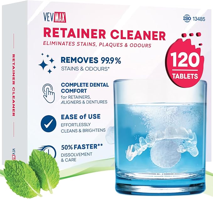 Retainer Cleaner Tablets - 120 Tablets (4 Months Supply) - Denture Cleaning, Removes Stains & Odours, Freshens Aligners, Mouthguards, Nightguards - Perfect for Ultrasonic Retainer Cleaner