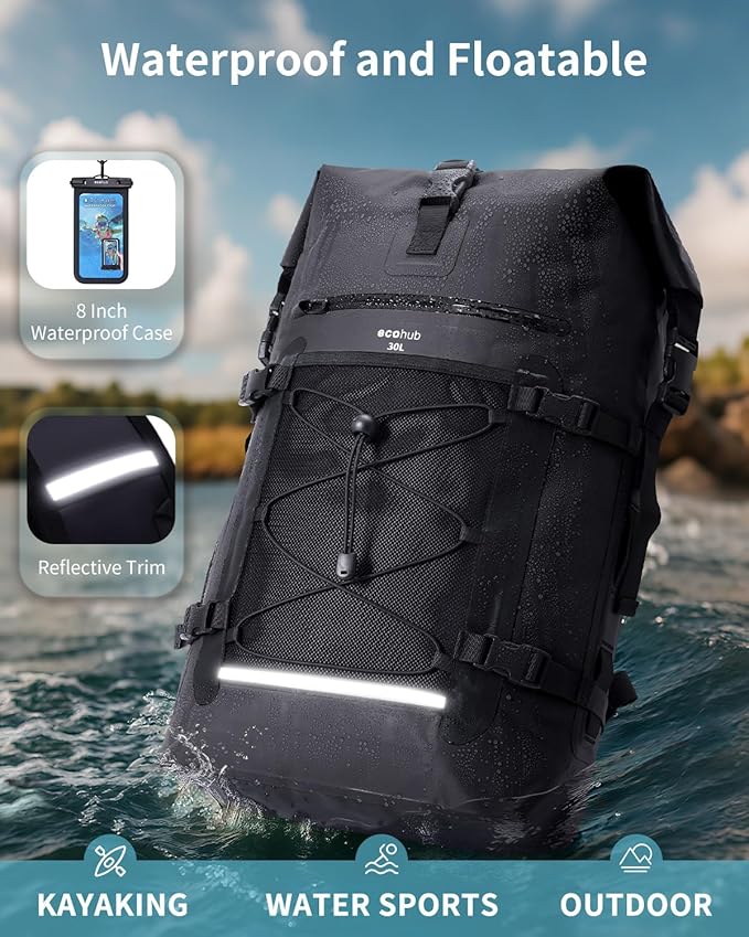 ECOHUB Waterproof Backpack for Women Men, 30L Roll-Top Closure Heavy Duty Dry Bag for Travel with IPX8 Waterproof Phone Case-StrideForce Fitness
