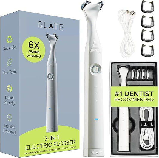 Slate Electric Flosser - Starter Set | 3-in-1 Dentist-Invented with Reusable Floss Heads, Gum Brushes & Tongue Scraper | More Effective Than String or Water Floss