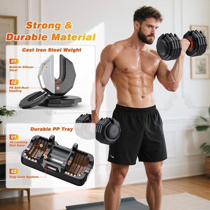XDDIAS Adjustable Dumbbell Set of 2, 25/55/80LB Dumbbell Set-1Sec Adjustable Weights-5/10 in 1 Free Weights Dumbbells Set with Effortless Tray/No-Slip Handle-Compact Size for Women/Men at Home Gym-StrideForce Fitness