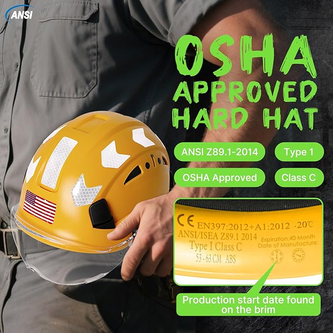 AOLAMEGS Construction Safety Hard Hat - ANSI Z89.1 Type Ι OSHA Approved Safety Helmets with Chin Straps Lightweight Reflective Vented ABS Hard Hats For Men Women Industrial Workwear 6-point Suspension-StrideForce Fitness