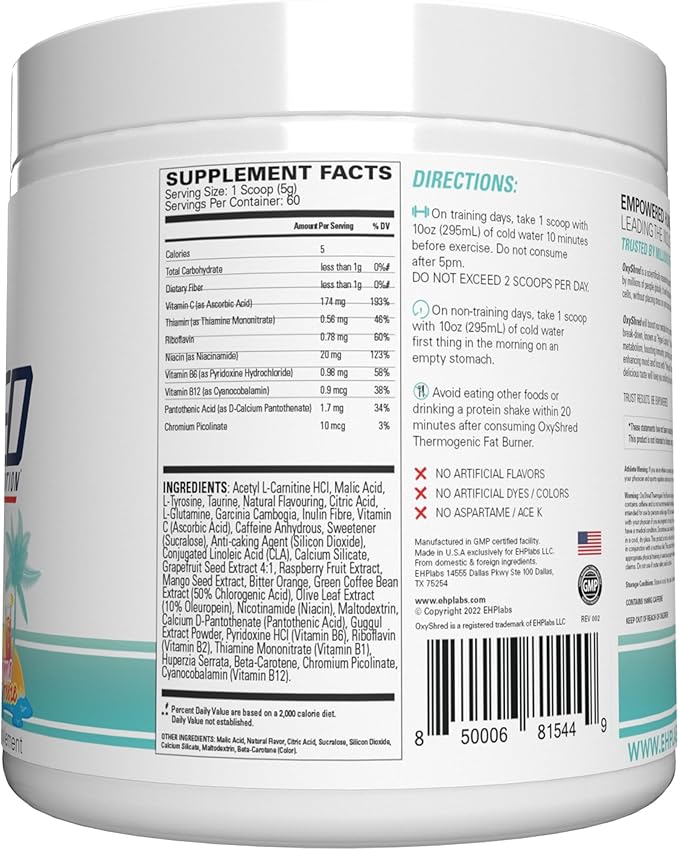 EHP Labs OxyShred Pre Workout Powder - Preworkout Powder with L Glutamine & Acetyl L Carnitine, Energy Boost Drink - Bahama Breeze, 60 Servings-StrideForce Fitness