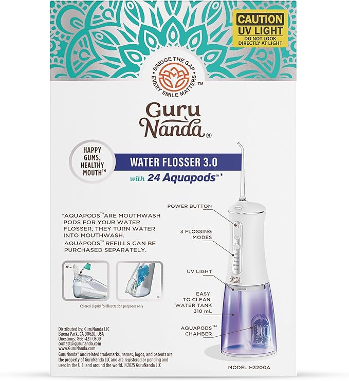 GuruNanda Advanced Dental Water Flosser 3.0 with UV Mode Water Flosser & 24 Aquapods with Mouthwash for Fresh Breath & Plaque Removal, Compact & TSA-Approved