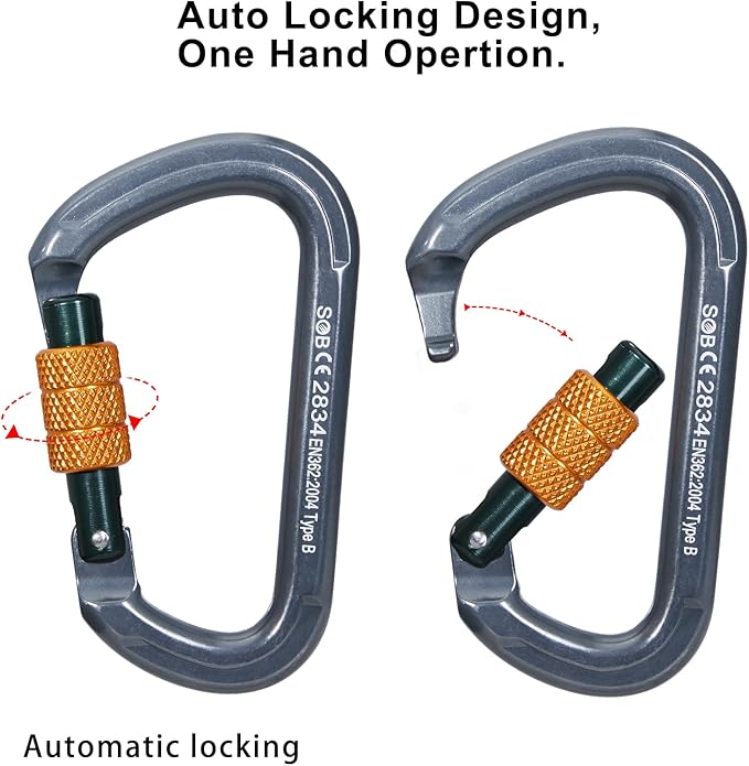 SOB Auto Locking Climbing Carabiner Clips,Heavy Duty Asymmetrical Carabiner Connector Used for Rappelling Gear Rescue Outdoor Projects Dog Leash-StrideForce Fitness