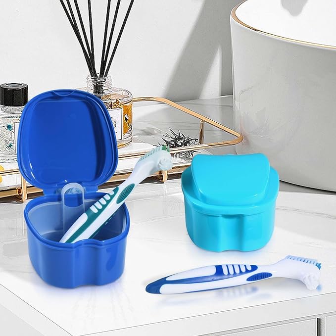 2 Pack Denture Bath Case Cup Box Holder Storage Container with Denture Cleaner Brush Strainer Basket for Travel Cleaning (Light Blue and Blue)